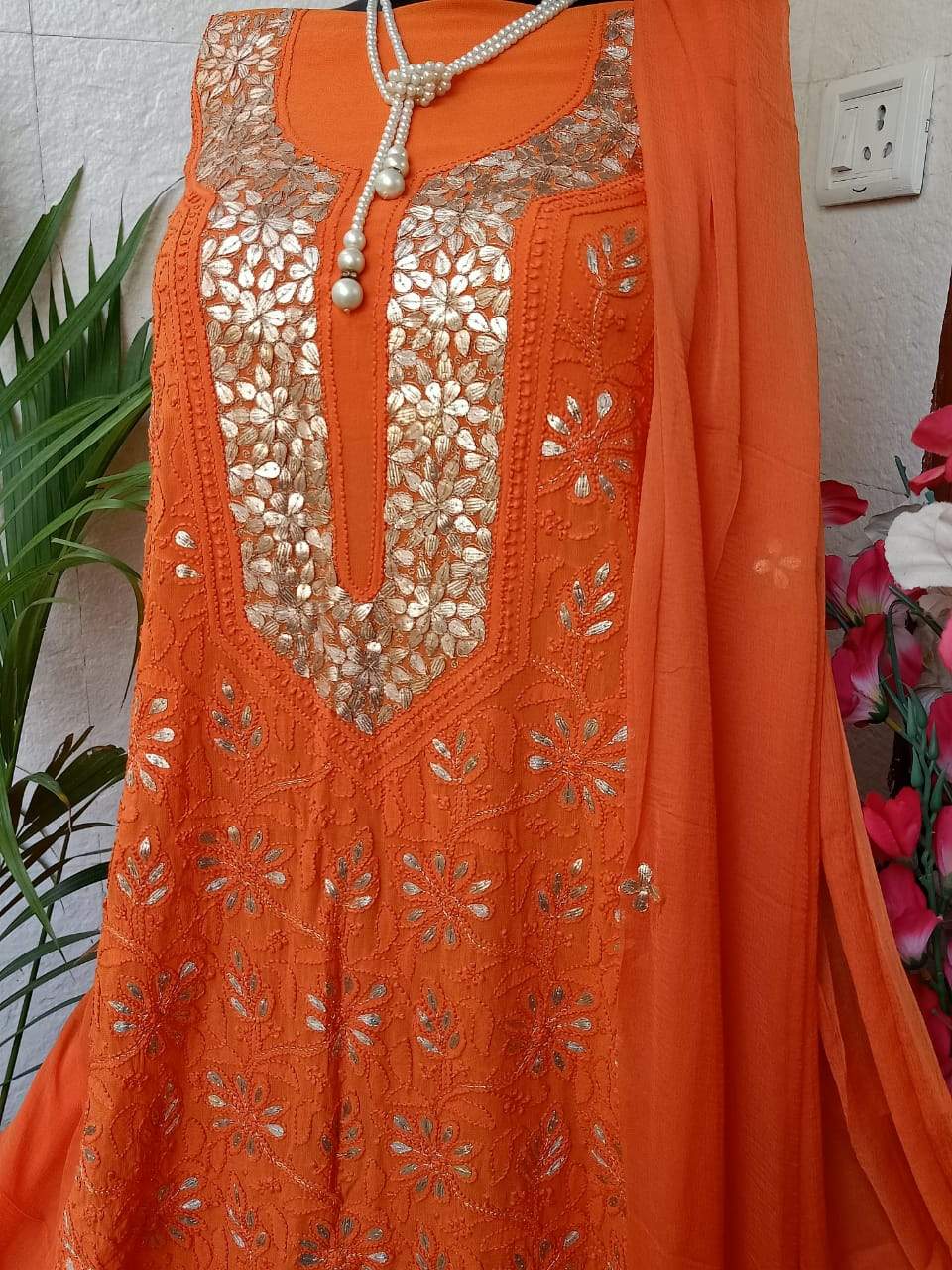 Buy Orange Embroidered Crepe Suit- Set of 3 | TOA240010/TOA2 | The loom